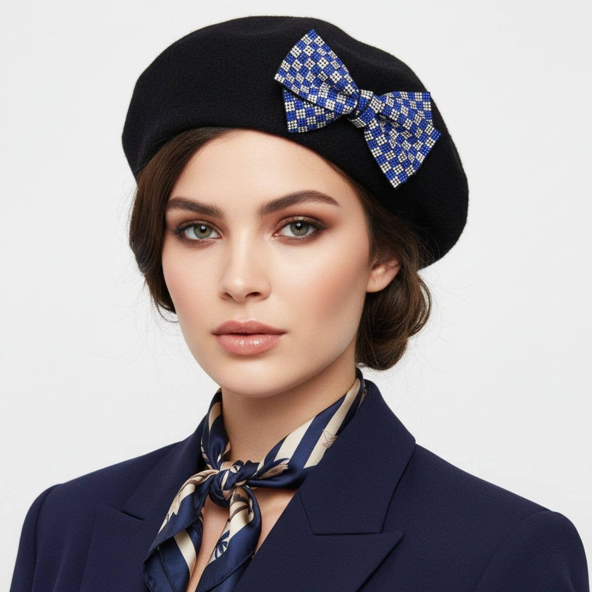 ZPB Blue Clear Checker Stone Bow Hair Clip