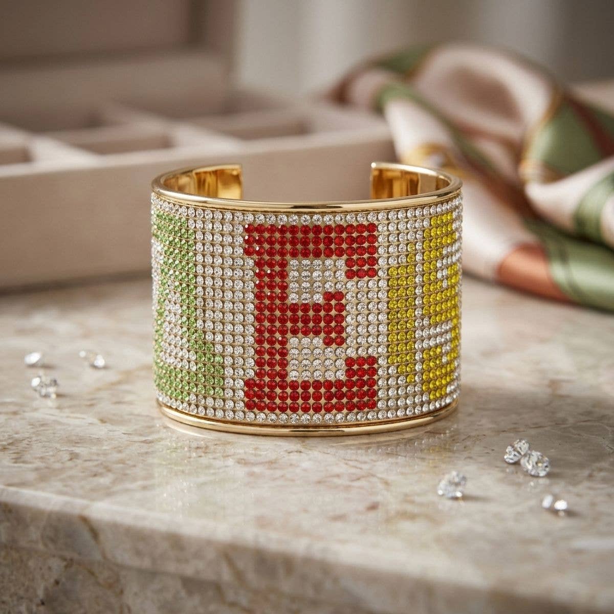 OES Greek Rhinestone 2 inch Gold Cuff Bracelet