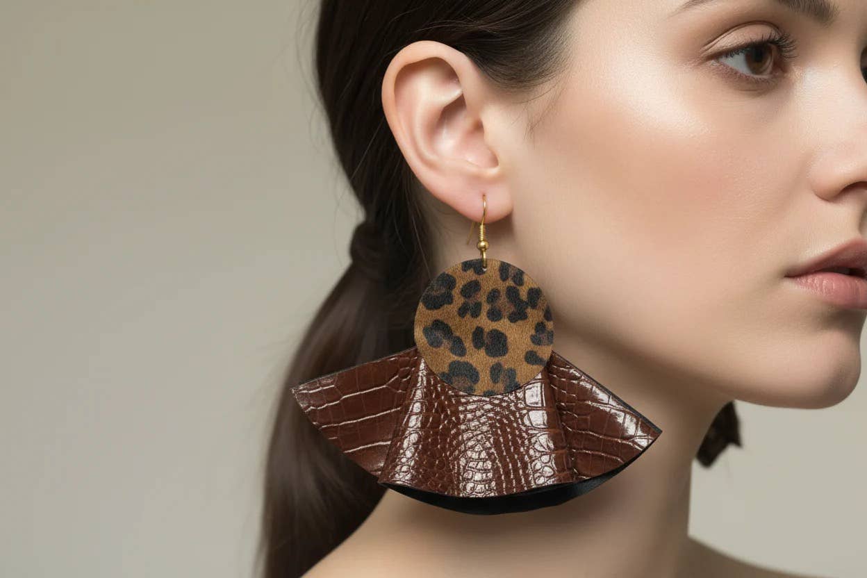 Brown Croc & Leopard Leather Bold Statement Earrings