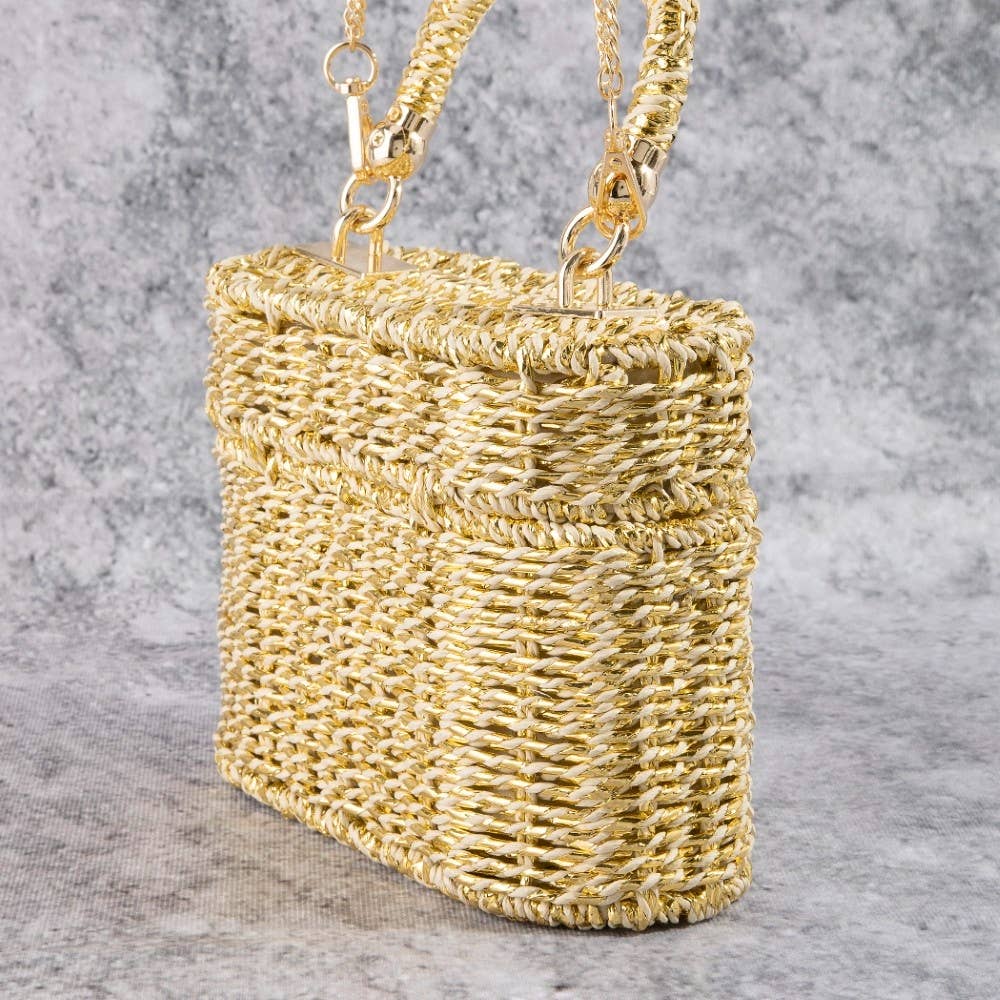 Metallic Woven Straw Top Handle Box Bag
