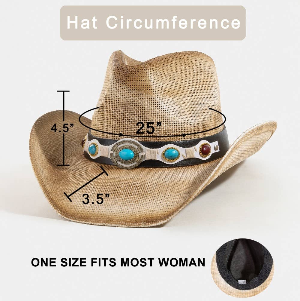 Western Turquoise Stone Strap Straw Cowboy Hat