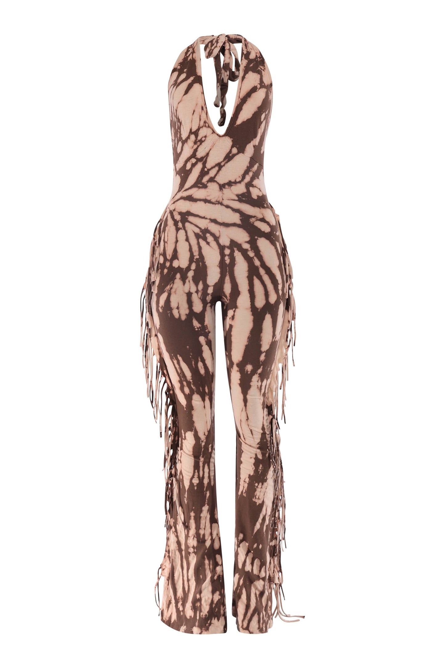 Tie dye fringed halter jumpsuit