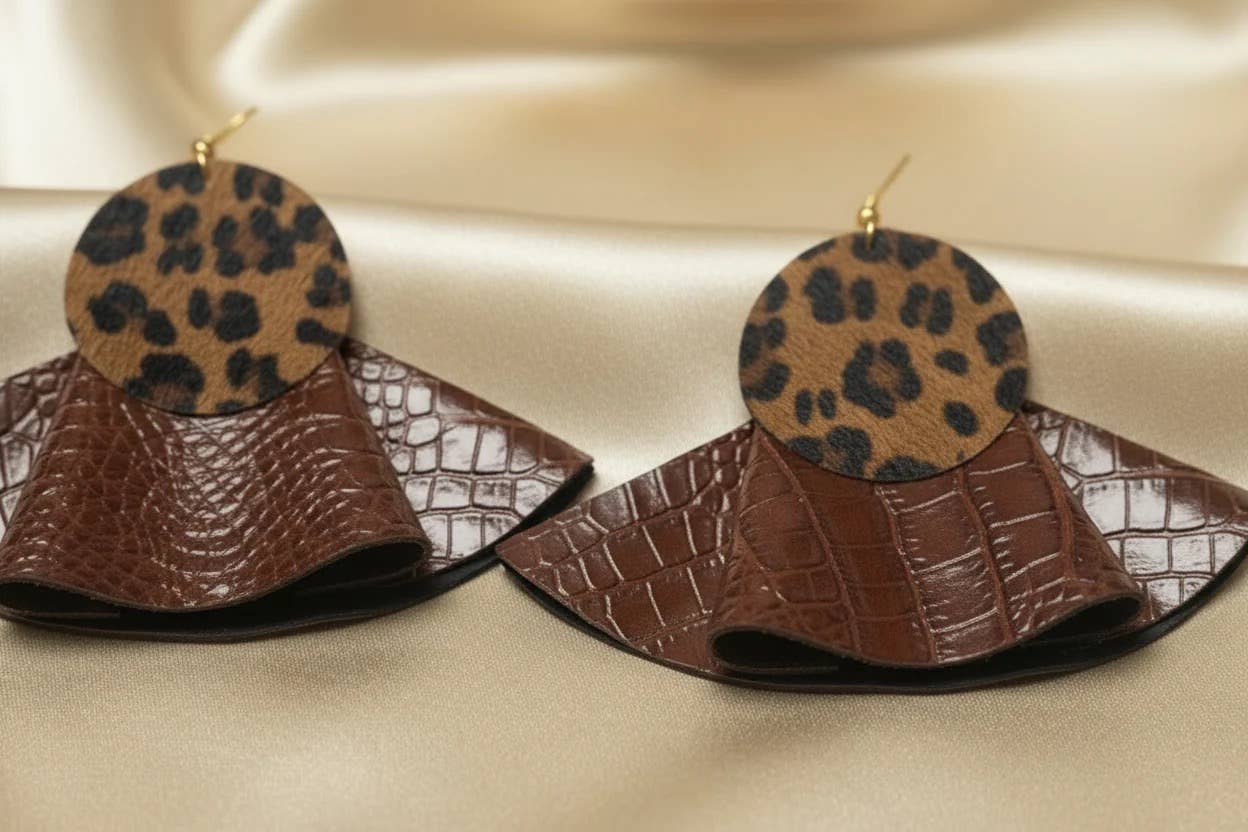 Brown Croc & Leopard Leather Bold Statement Earrings