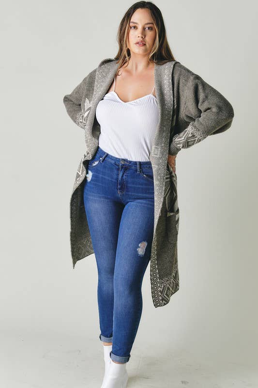 - PLUS SNOW PRINTED LONG SLEEVE POCKETS CARDIGAN PWJ14067