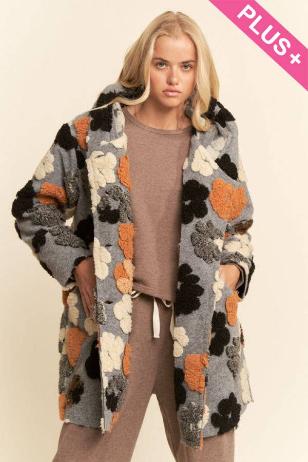 PLUS CHUNKY FLOWER EMBROIDERED HOODIE COAT JACKET