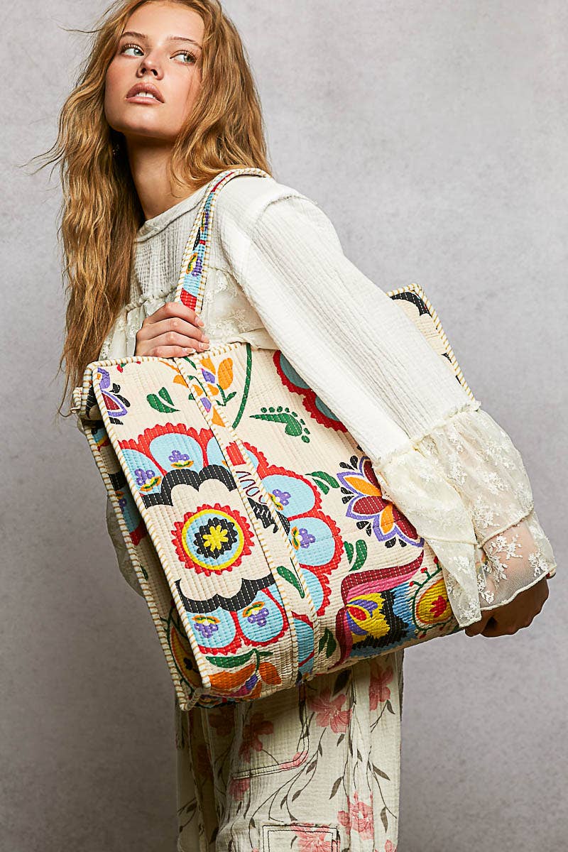 POL Printed Cream Tote Bag