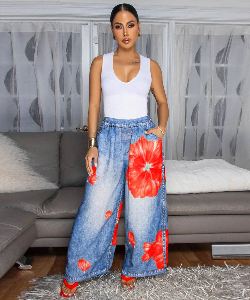 Printed Wide Leg Casual Pants
