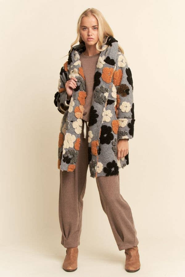 CHUNKY FLOWER EMBROIDERED HOODIE COAT JACKET