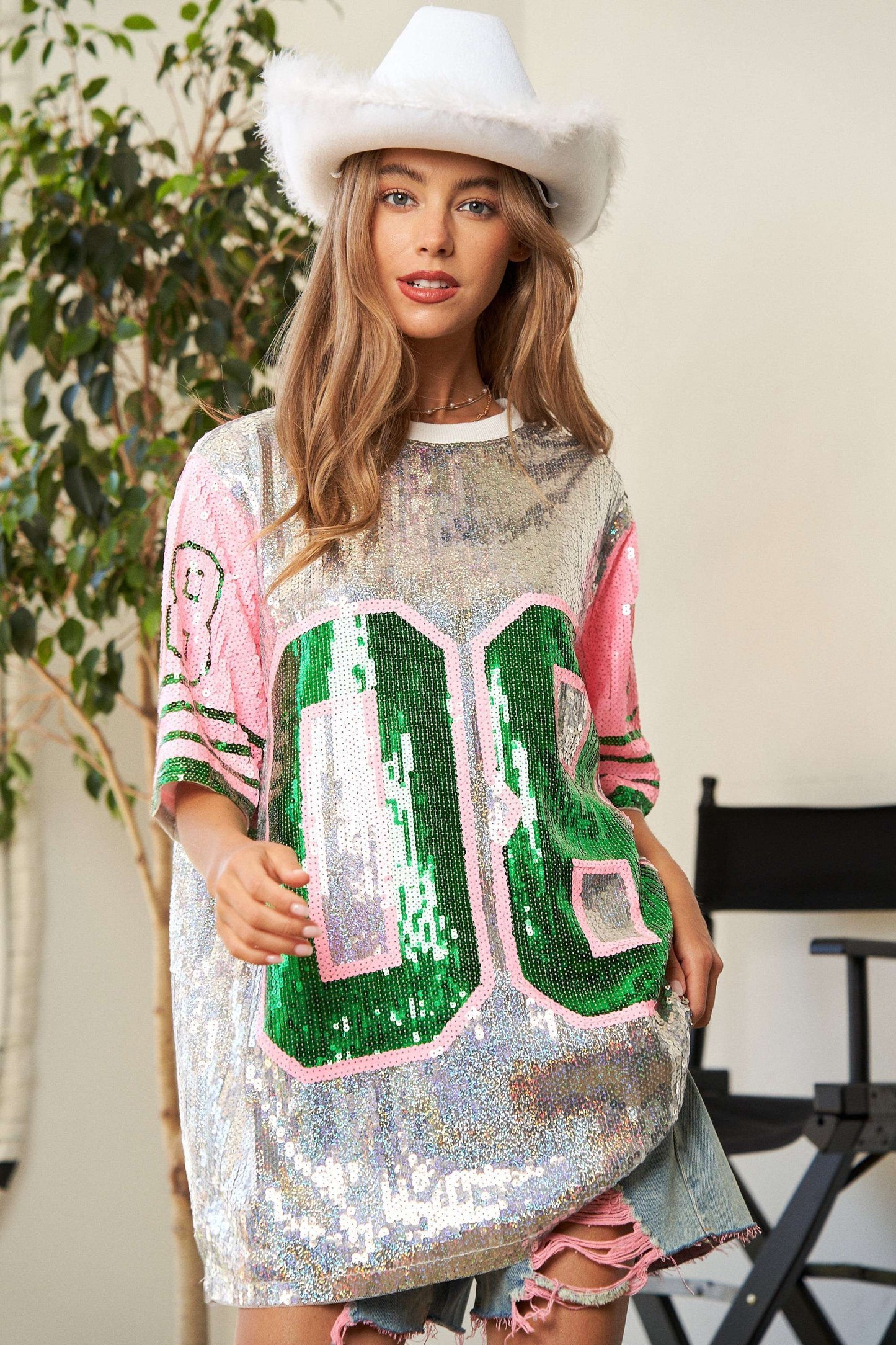 Game Day Sequin Jersey Top with Pink and Green Accents