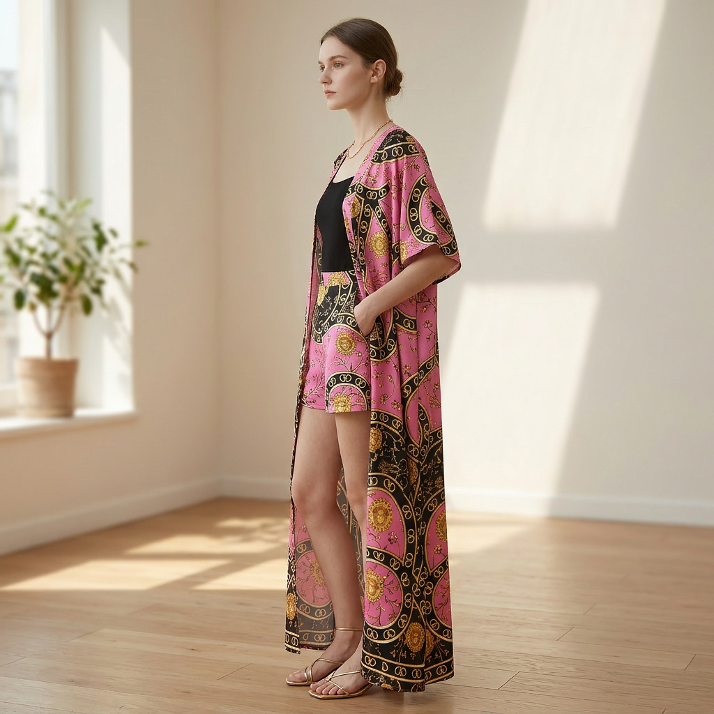 European-Inspired Cardigan Print Two-Piece Set