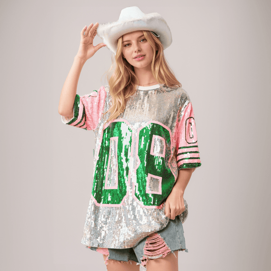 Game Day Sequin Jersey Top with Pink and Green Accents