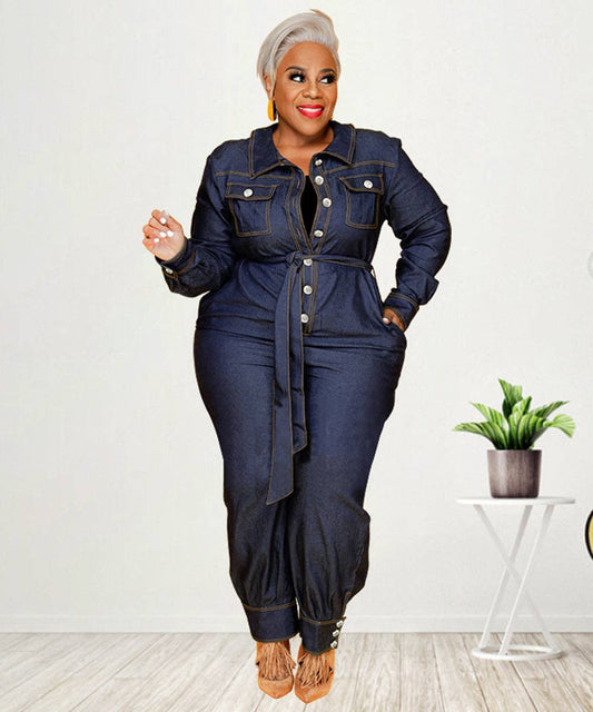 V-Neck Relaxed Denim Jumpsuit