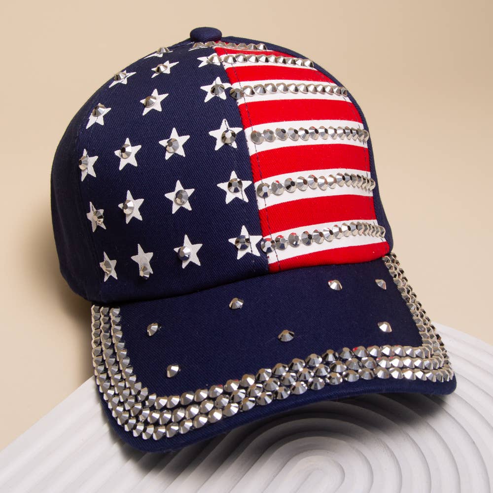 American Flag Hotfix Rhinestone Embellished Baseball Cap