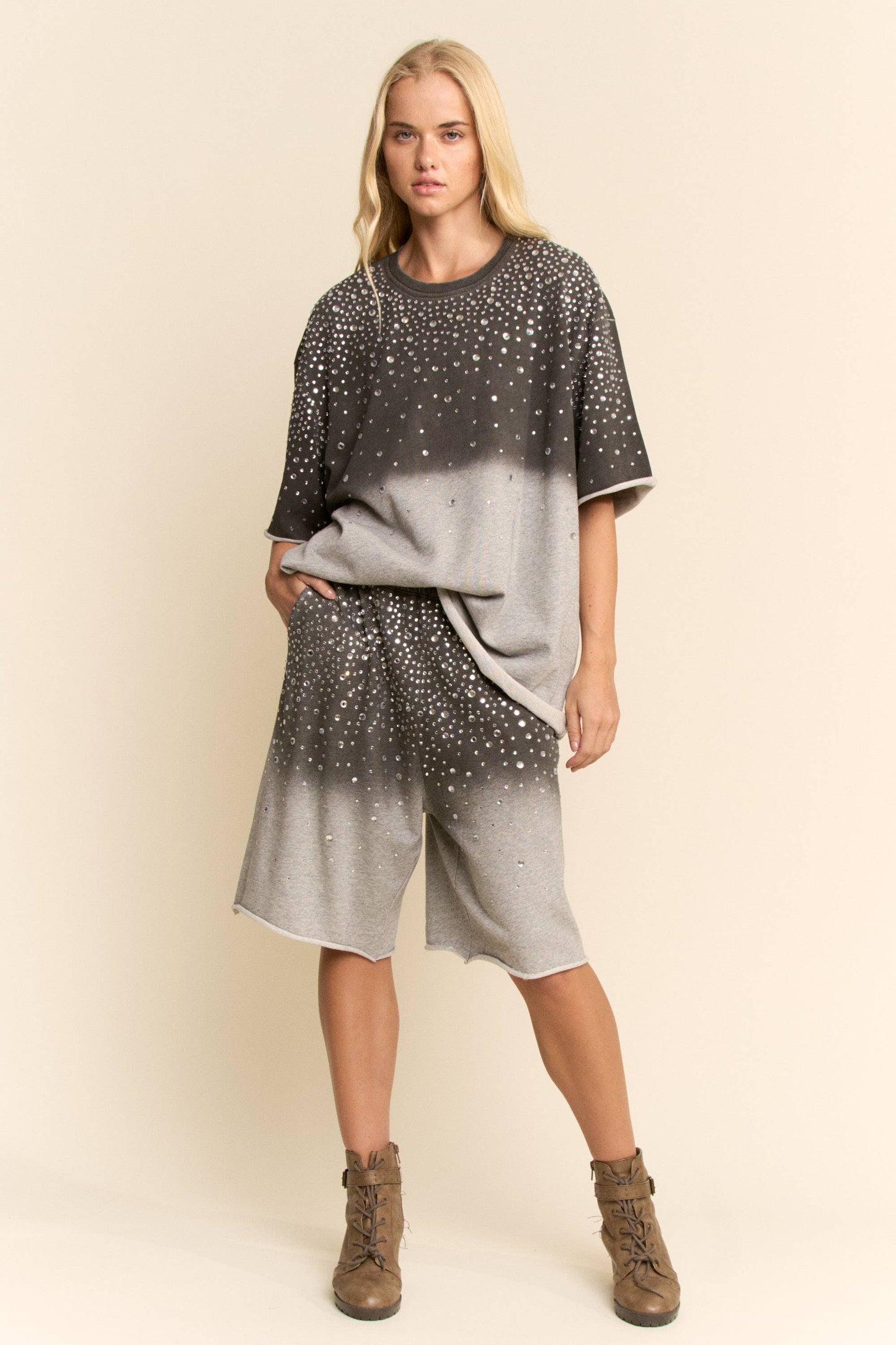 Grey RHINESTONE OMBRE SWEATSHIRT AND SHORTS SET