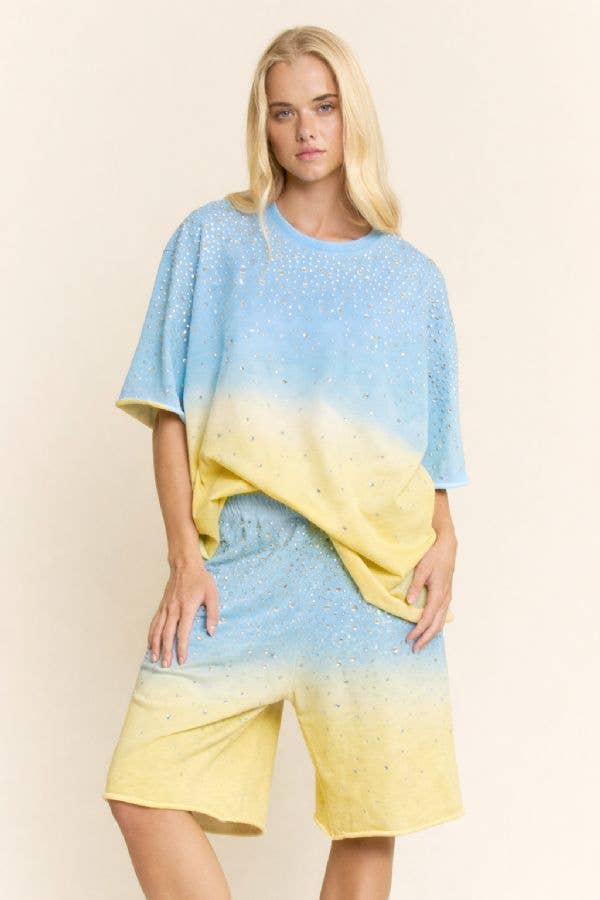 Grey RHINESTONE OMBRE SWEATSHIRT AND SHORTS SET