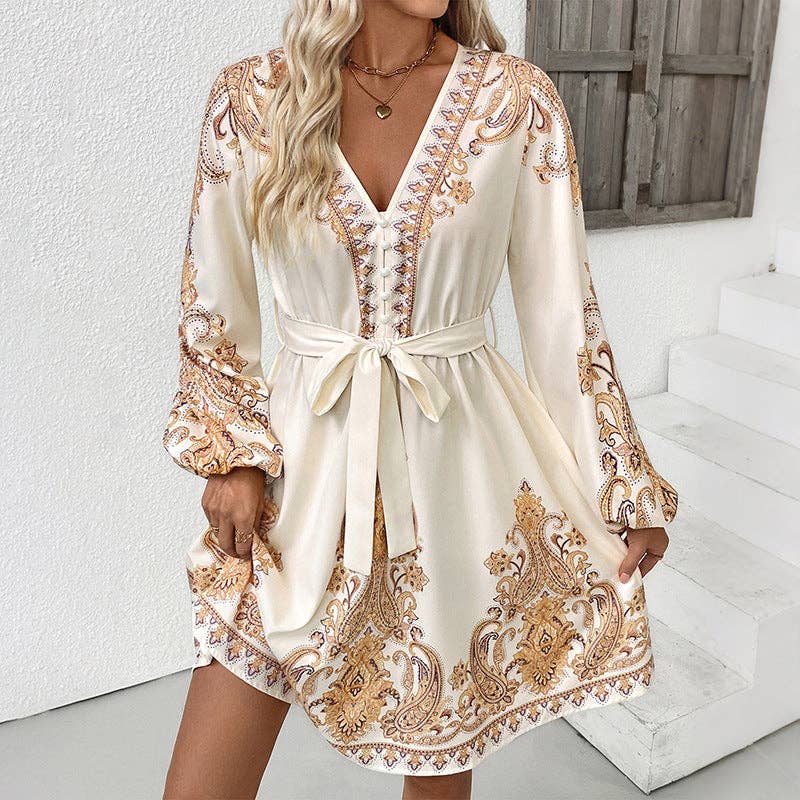 Elegant Vintage V-Neck Paisley Print Dress for Women