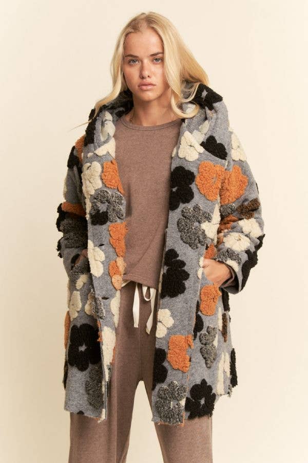 PLUS CHUNKY FLOWER EMBROIDERED HOODIE COAT JACKET