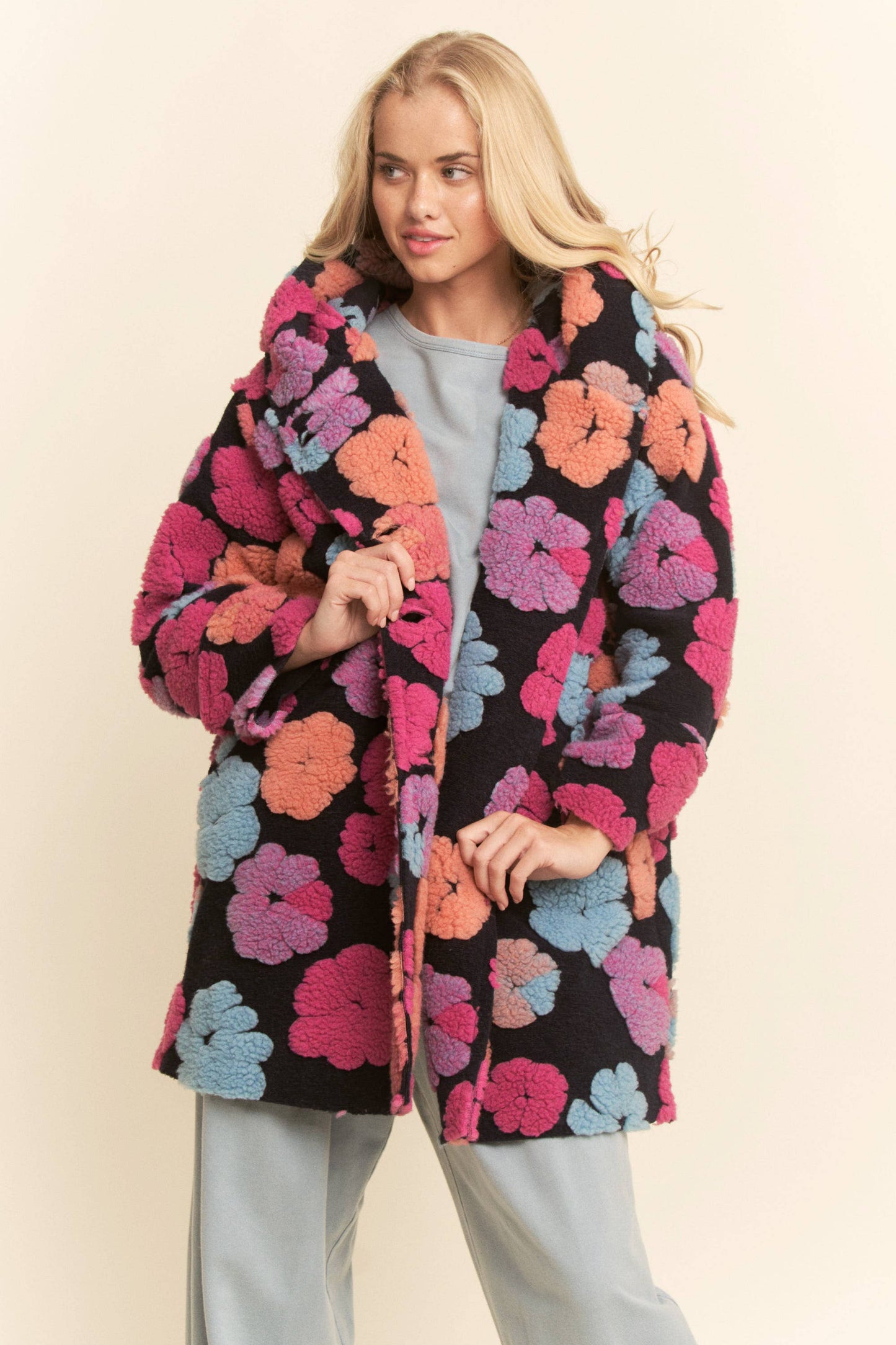 CHUNKY FLOWER EMBROIDERED HOODIE COAT JACKET