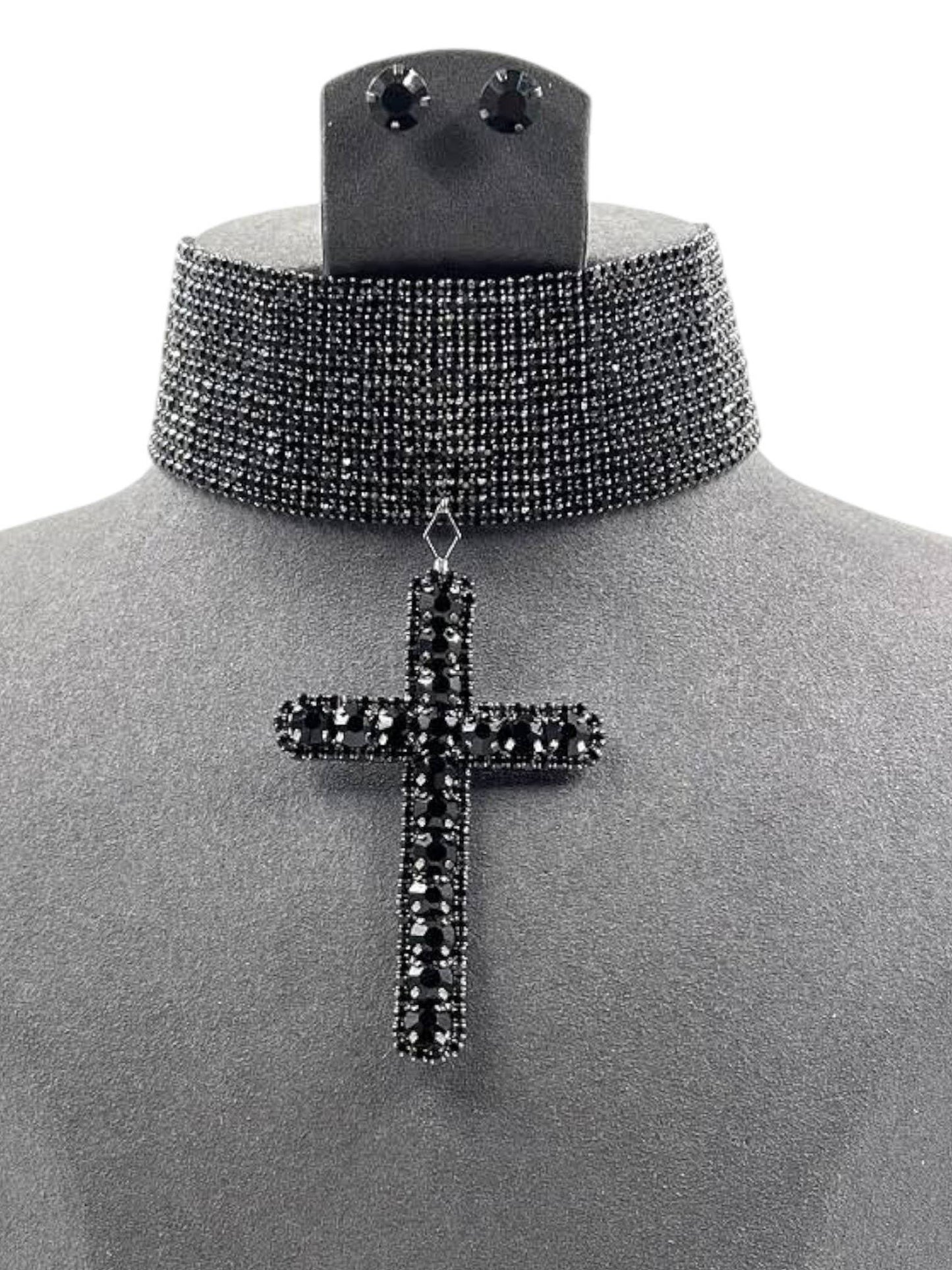 Rhinestone Cross Pendant Choker Necklace Set