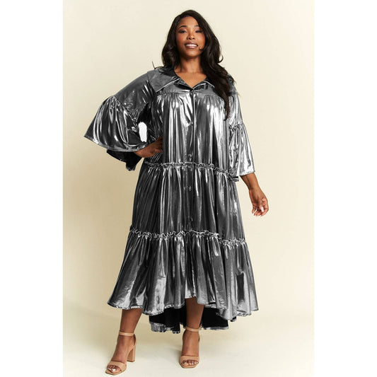 Red Metallic Pleated Tiered Flare Midi Dress 3XL only