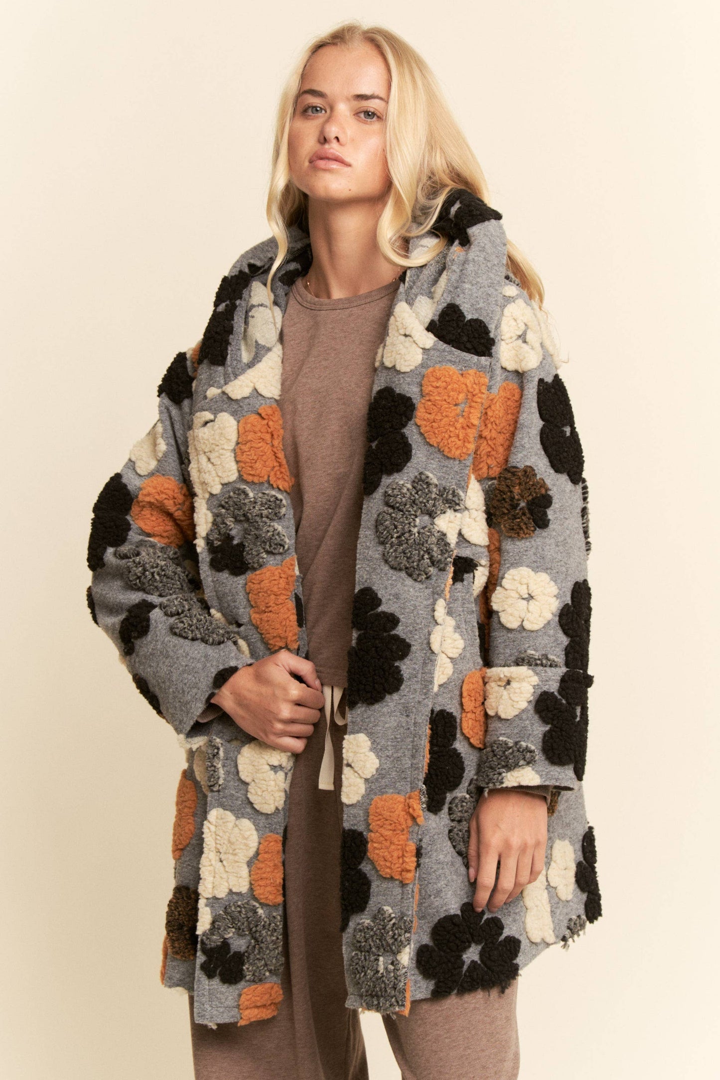 PLUS CHUNKY FLOWER EMBROIDERED HOODIE COAT JACKET