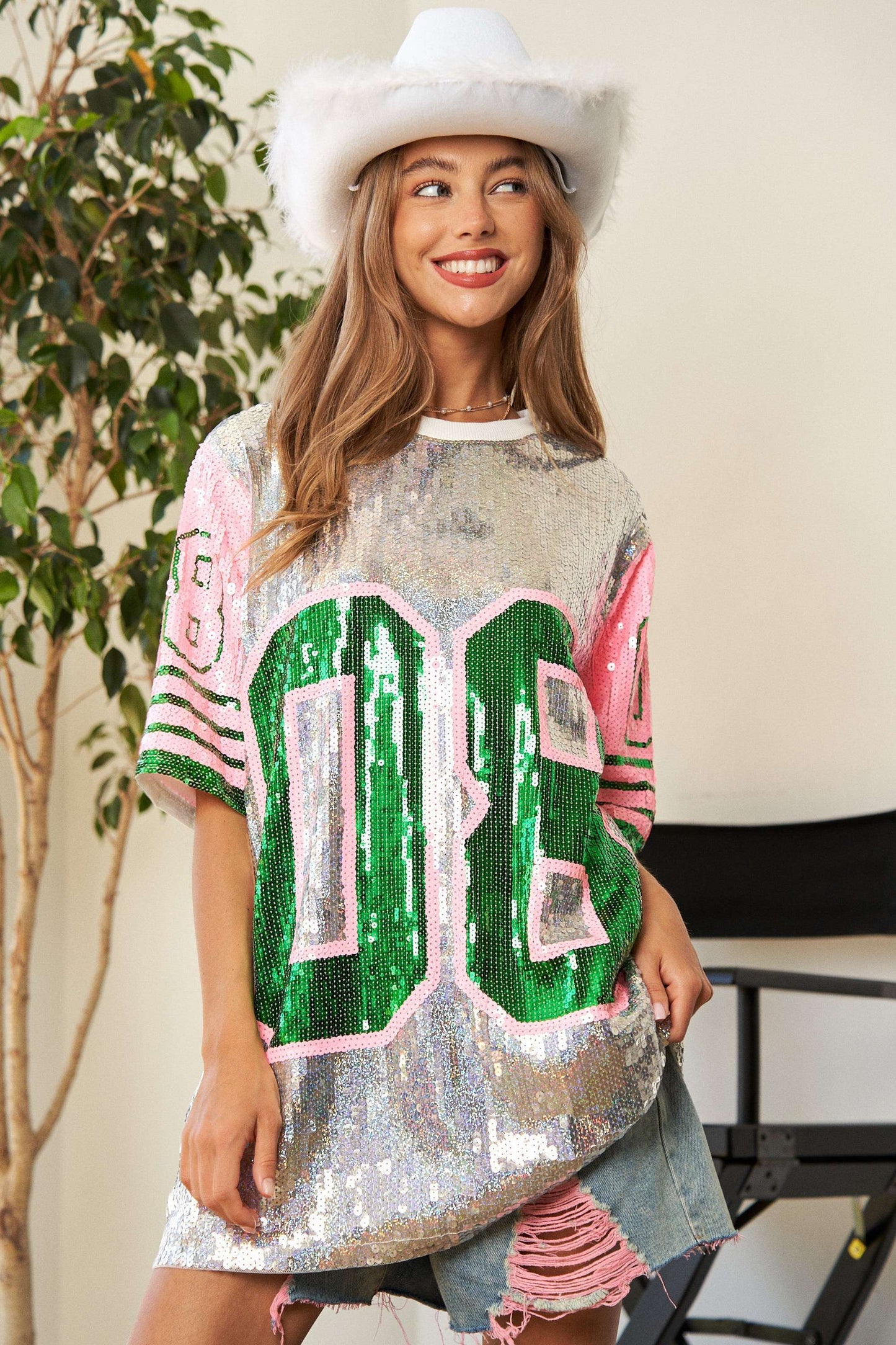 Game Day Sequin Jersey Top with Pink and Green Accents