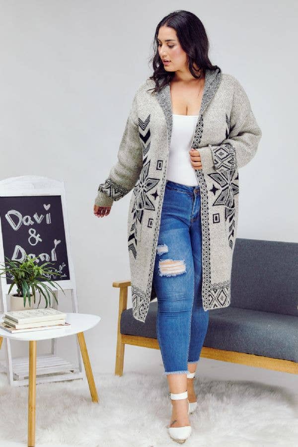 - PLUS SNOW PRINTED LONG SLEEVE POCKETS CARDIGAN PWJ14067
