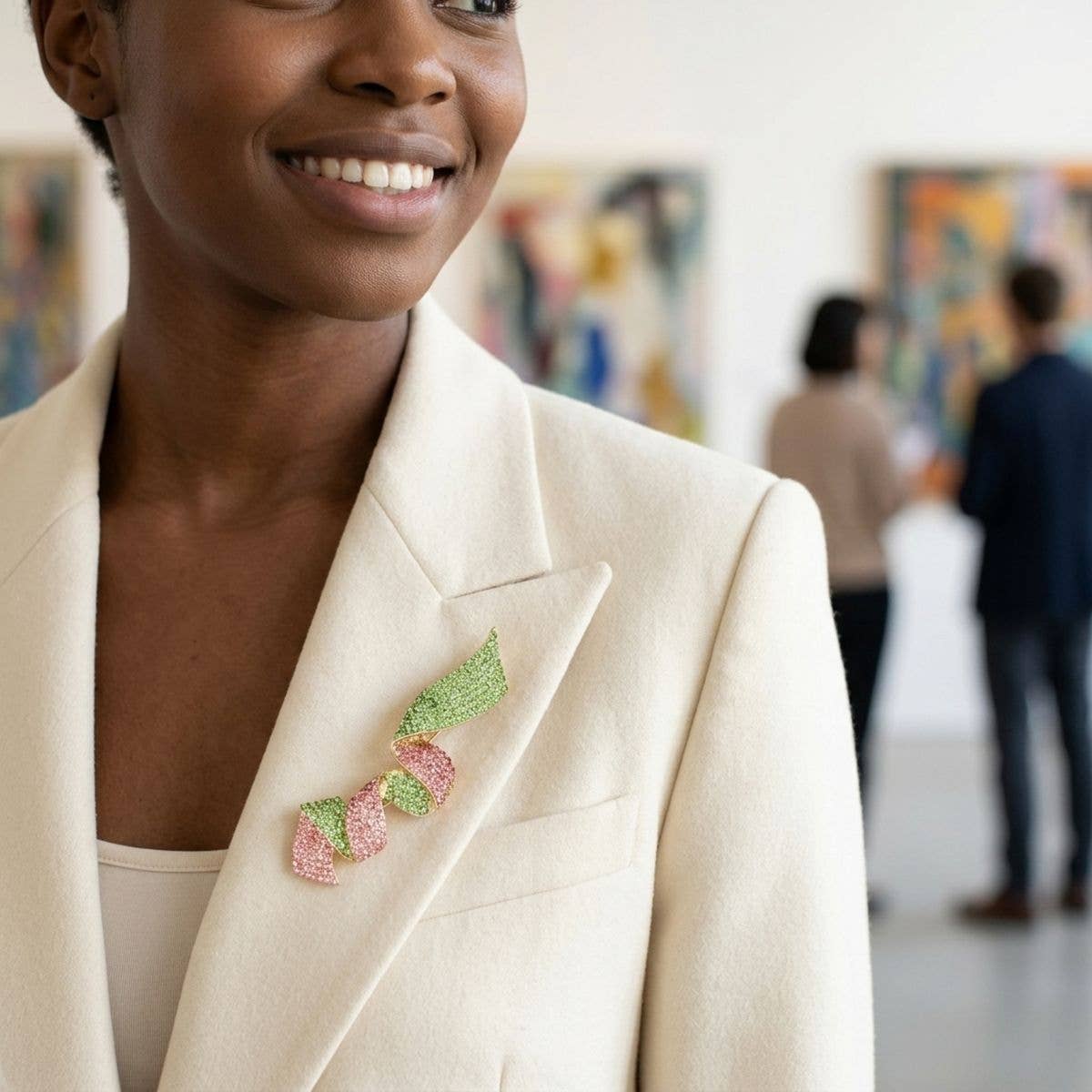 Encrusted Brooch AKA Pink Green Flowy Ribbon Pin