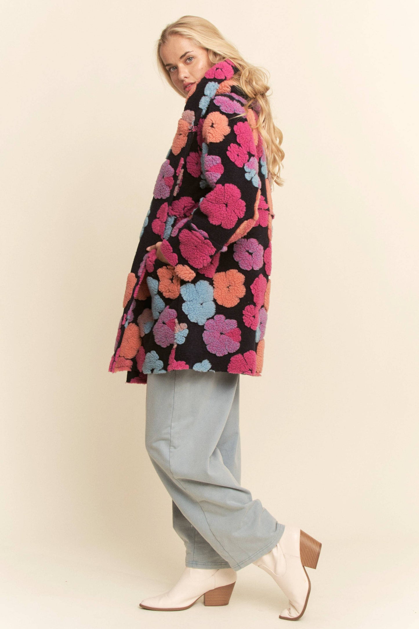 PLUS CHUNKY FLOWER EMBROIDERED HOODIE COAT JACKET