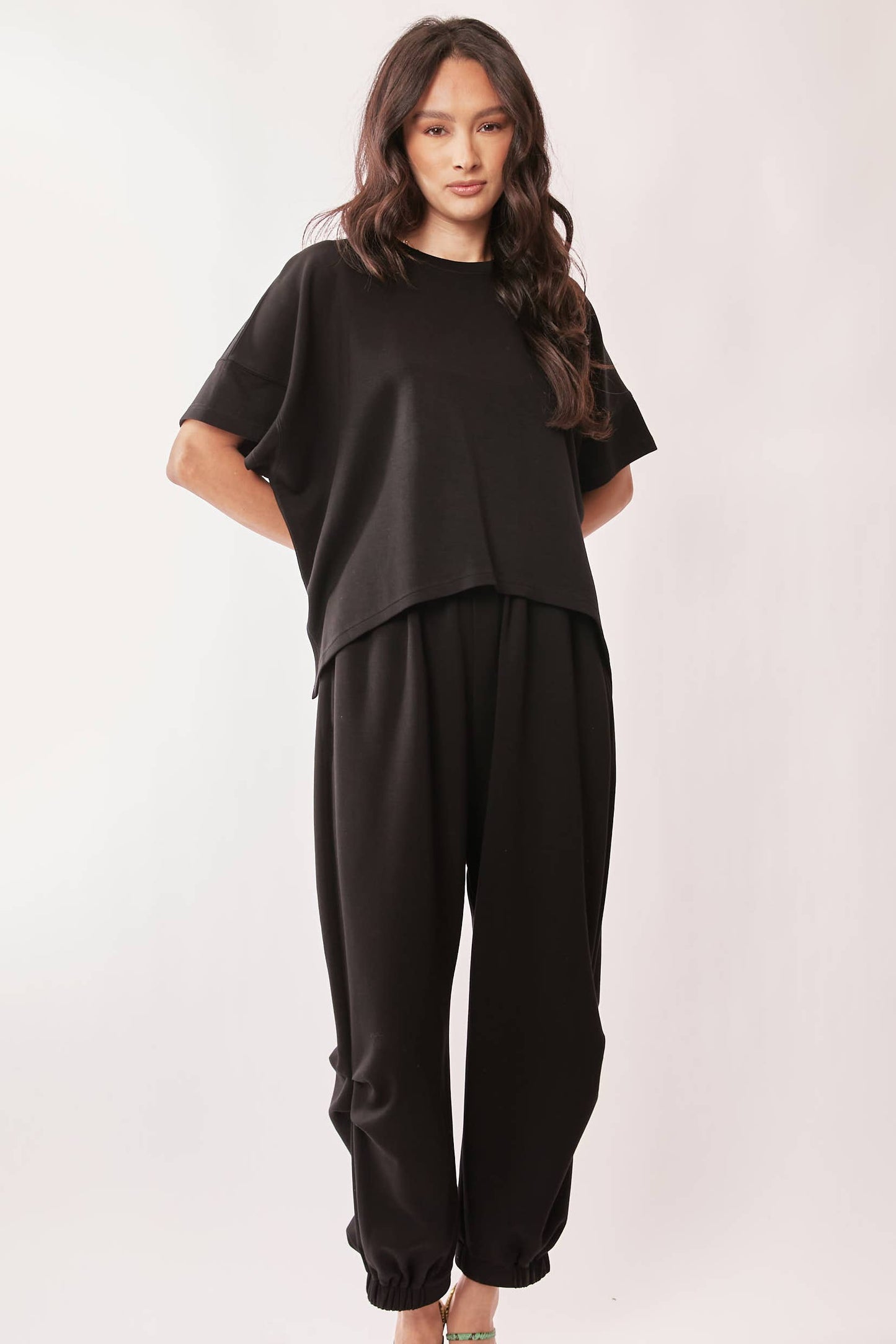 Black SOLID FLOWY TOP WITH ELASTIC WAIST BAND PANTS SET