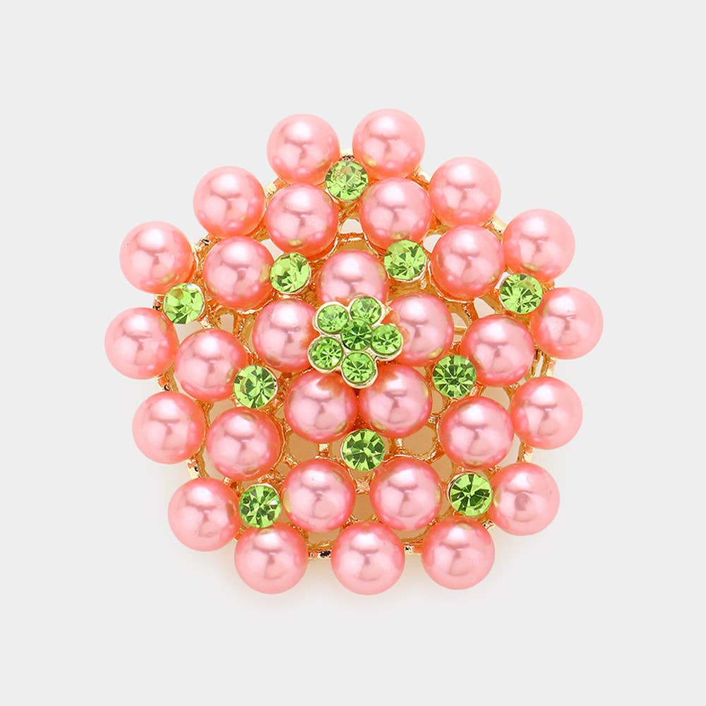 Floral Crystal Pearl Cluster Pin Brooch
