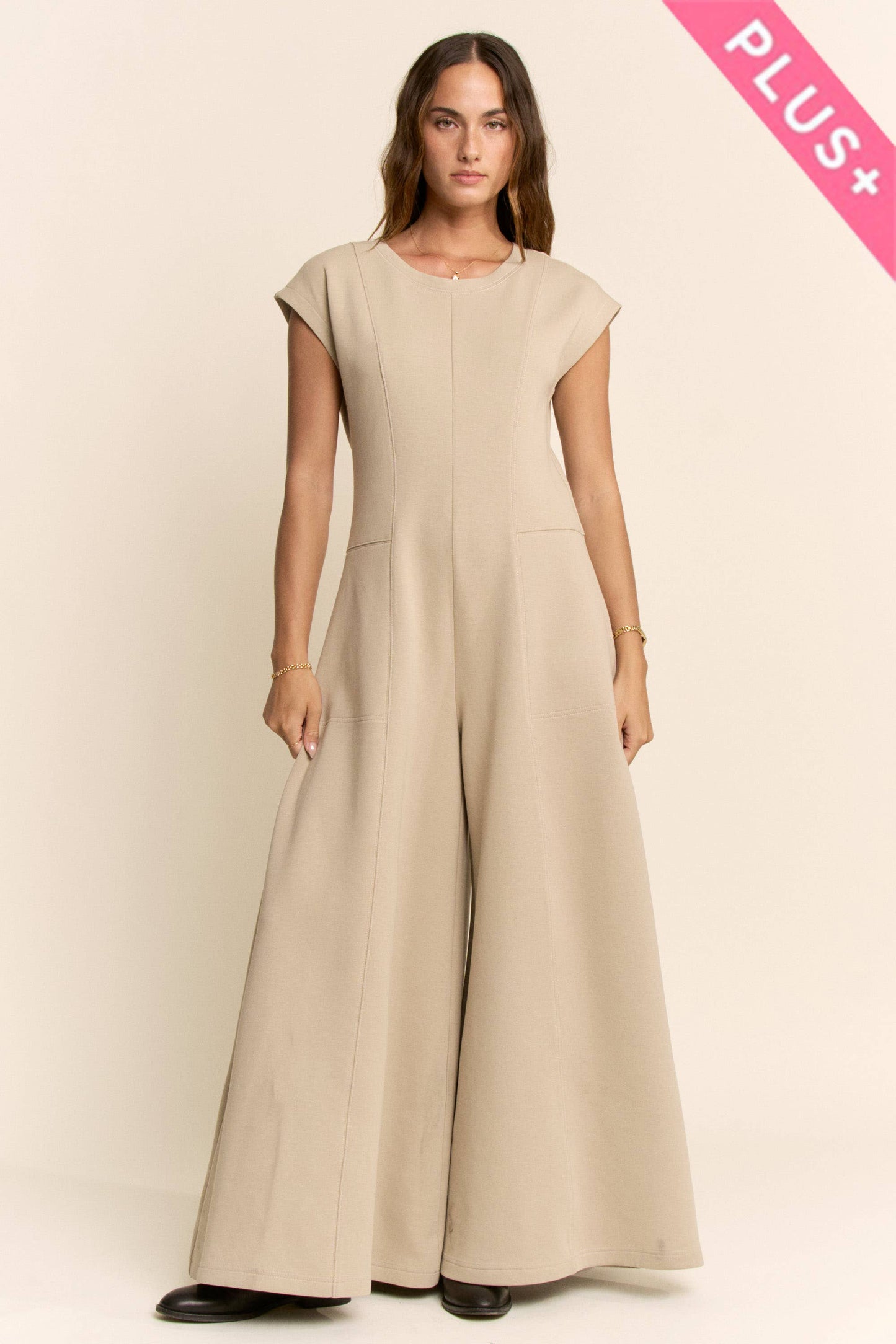 PLUS SOFT KNIT STITCHES WIDE LEG OPEN JUMPSUIT