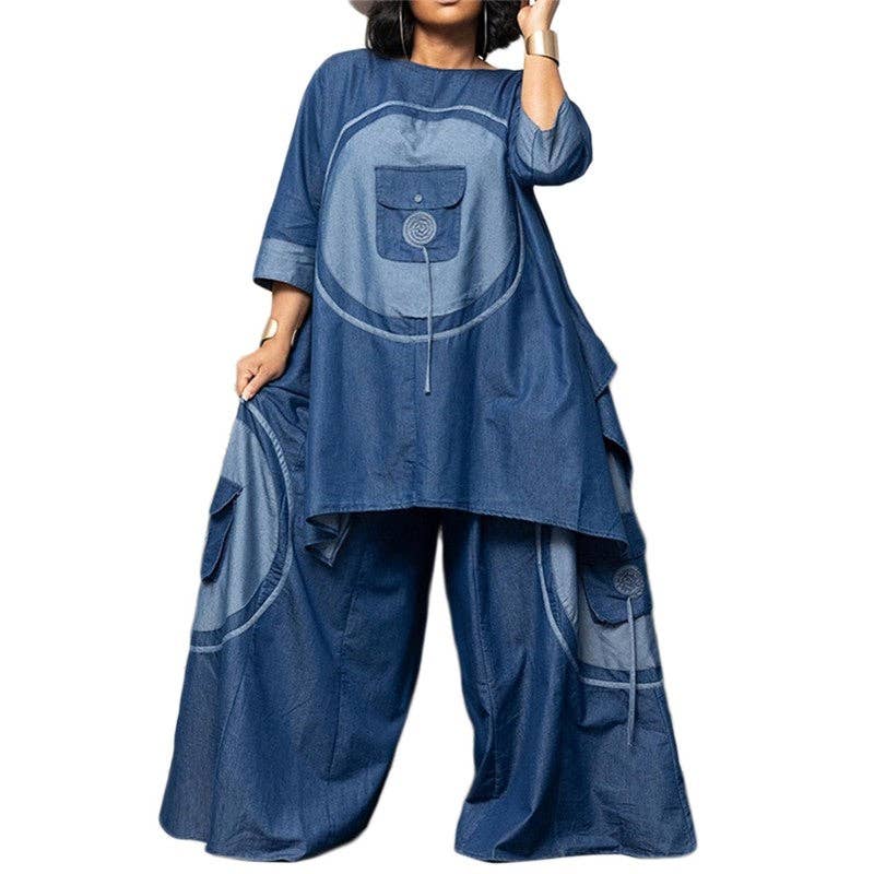 Long Denim Fabric Suit With Short Sleeves