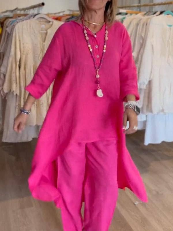 Casual Long Sleeve Cotton Linen Two-Piece Set for Women