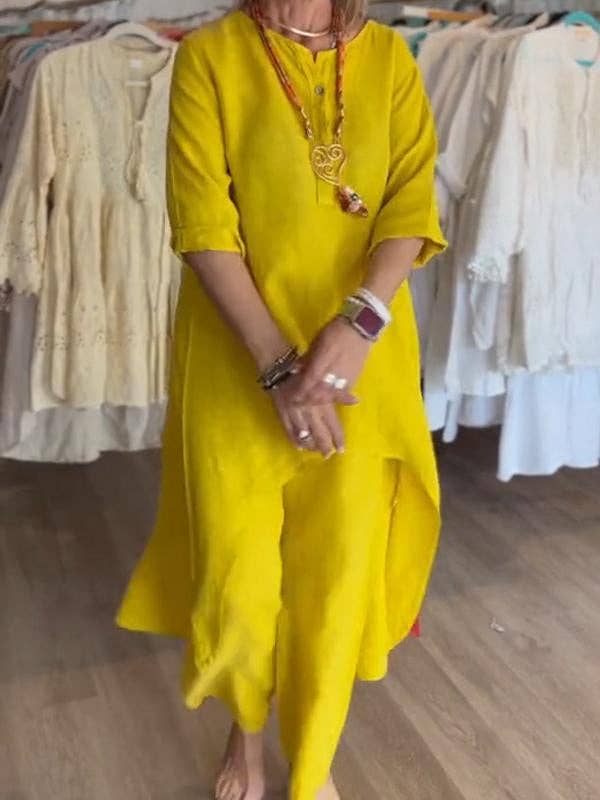 Casual Long Sleeve Cotton Linen Two-Piece Set for Women