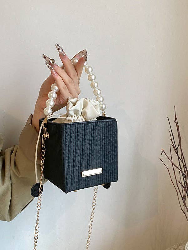 Trendy Mini Square Bag with Pearl Chain - Stylish Handheld Crossbody Bag