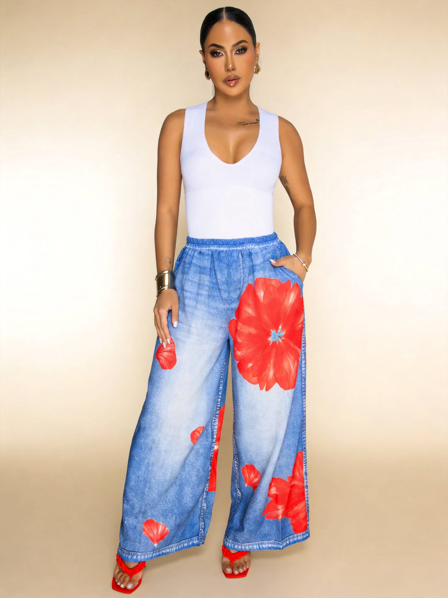 Printed Wide Leg Casual Pants