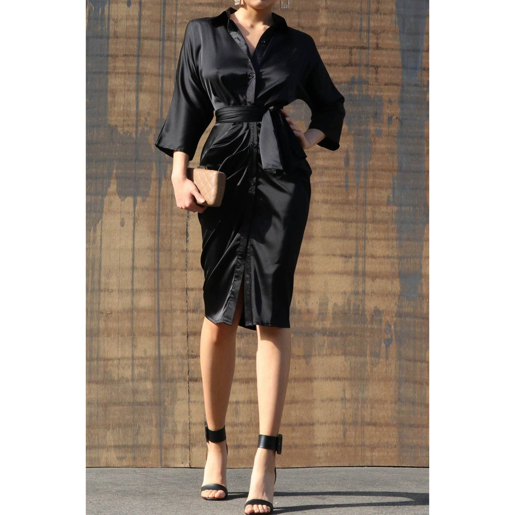 BUTTON DOWN SATIN DRESS WITH WAIST TIE DETAIL