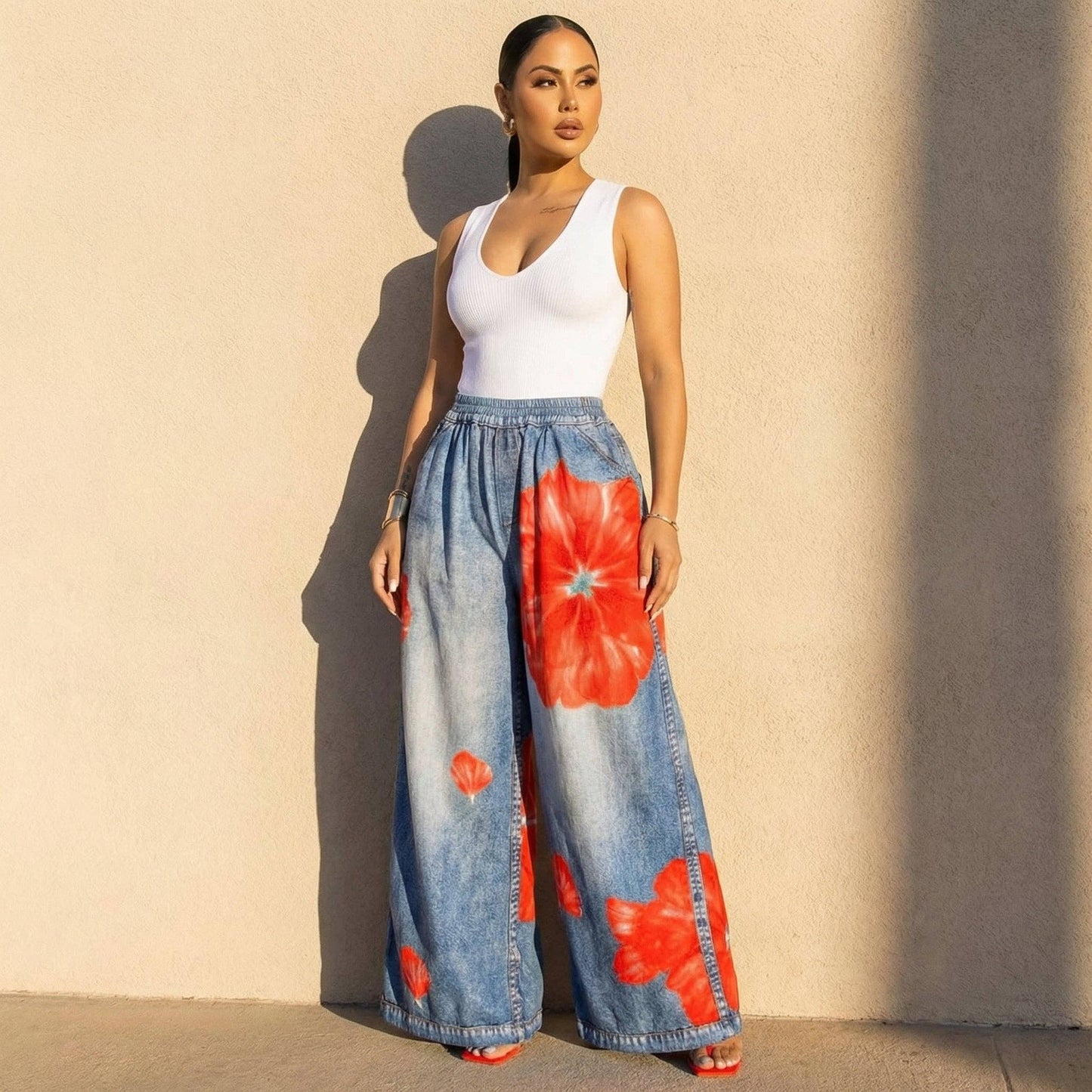 Printed Wide Leg Casual Pants