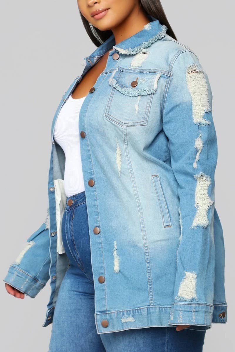 Plus Size Long Sleeve Medium Blue Vintage Washed Oversize Di