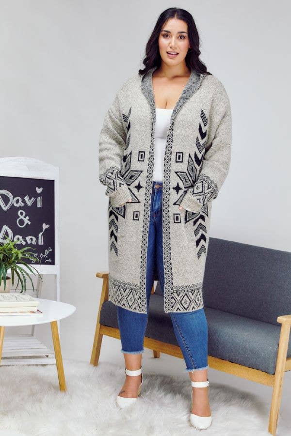 - PLUS SNOW PRINTED LONG SLEEVE POCKETS CARDIGAN PWJ14067