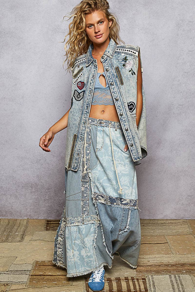 Oversize sleeveless embroidered patchwork denim vest