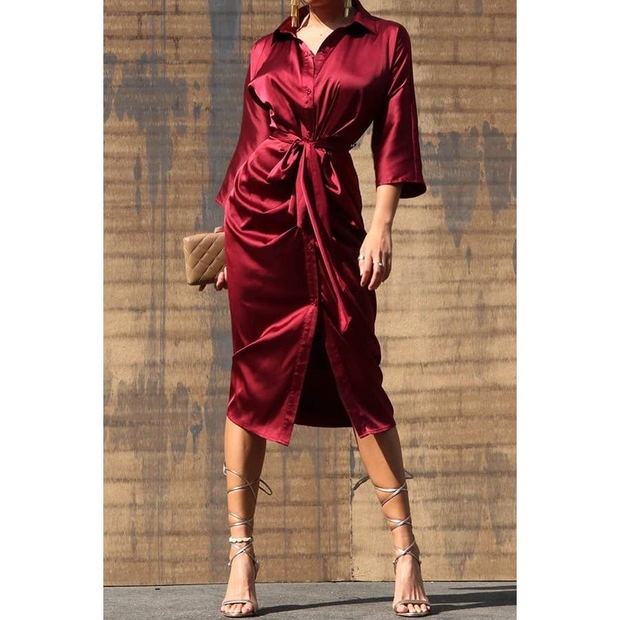 BUTTON DOWN SATIN DRESS WITH WAIST TIE DETAIL
