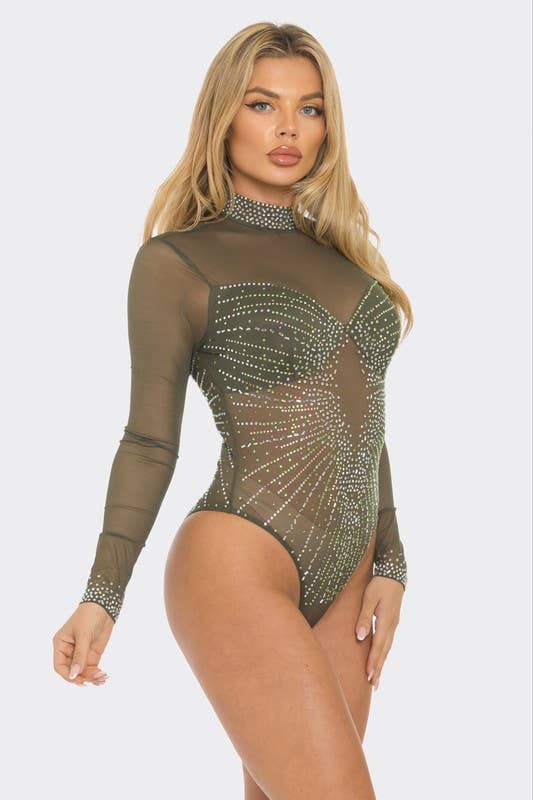 BBS44154  Colorful Rhinestone Sheer Mesh Bodysuit - Sale
