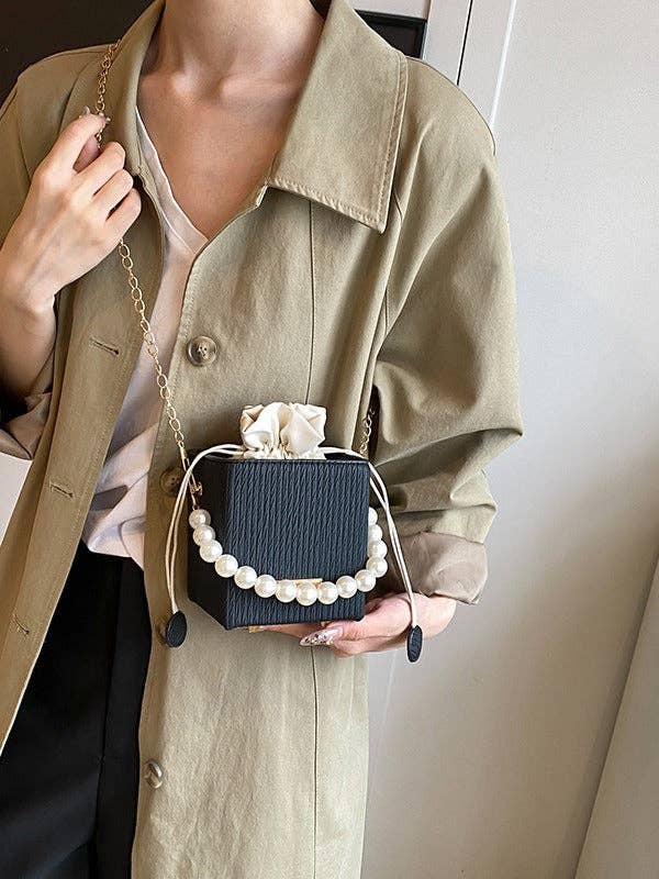 Trendy Mini Square Bag with Pearl Chain - Stylish Handheld Crossbody Bag