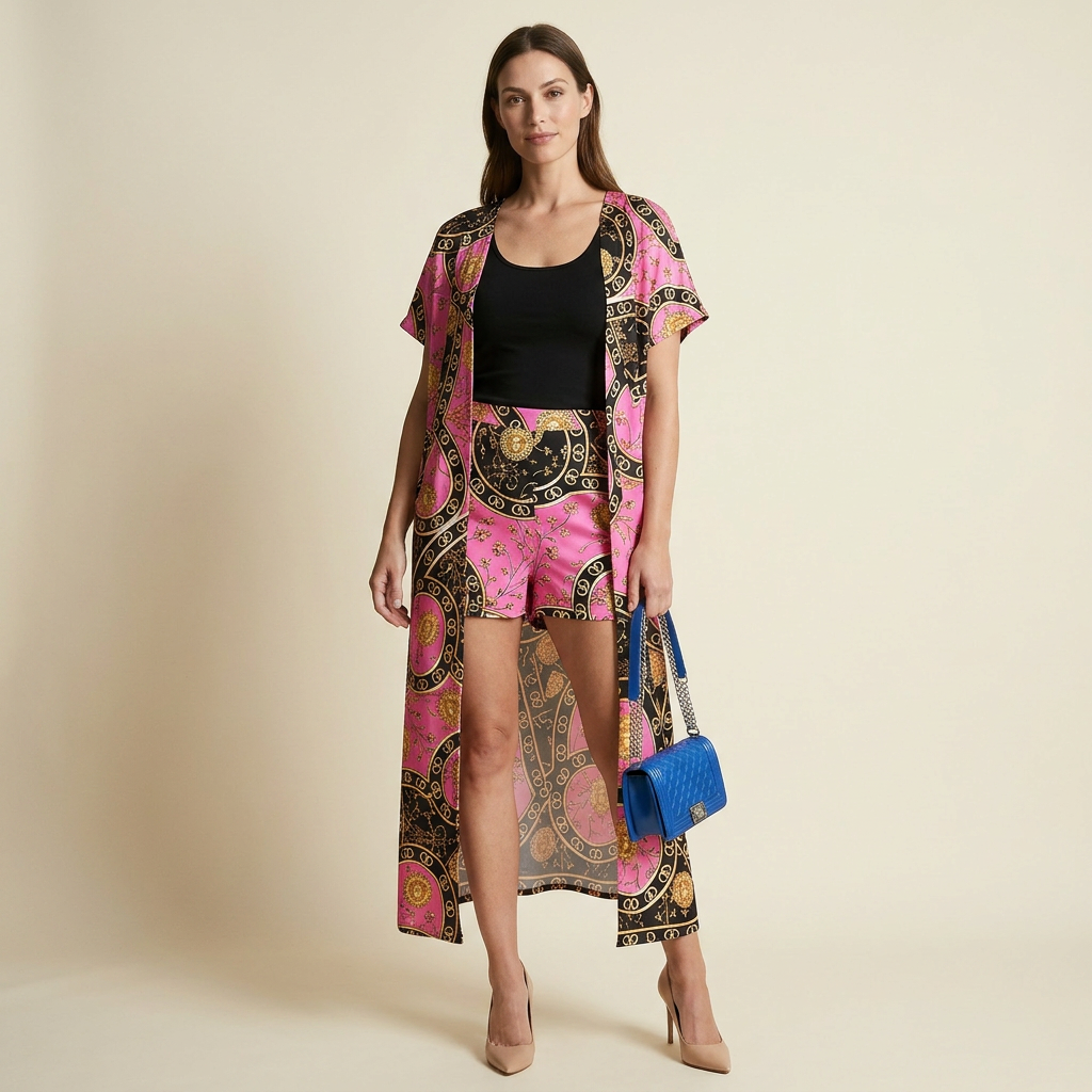 European-Inspired Cardigan Print Two-Piece Set