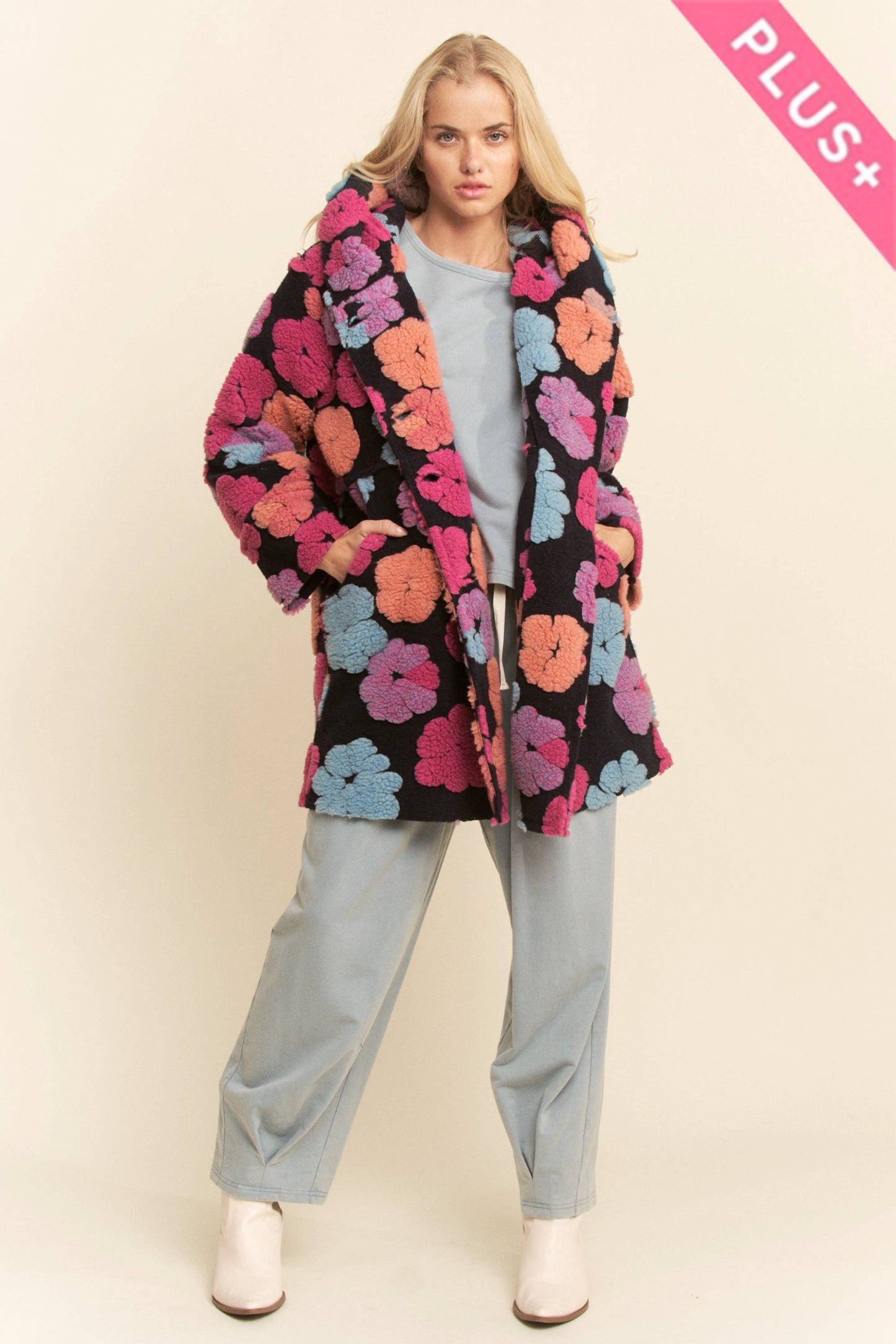 PLUS CHUNKY FLOWER EMBROIDERED HOODIE COAT JACKET
