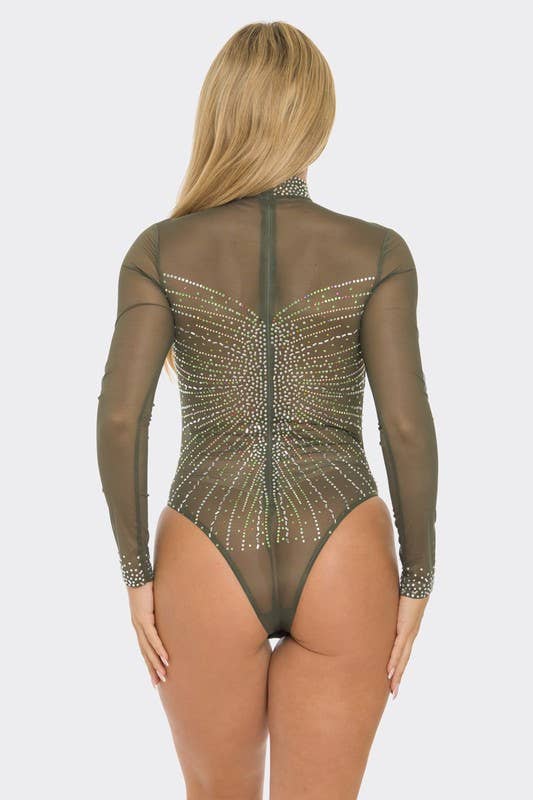 BBS44154  Colorful Rhinestone Sheer Mesh Bodysuit - Sale