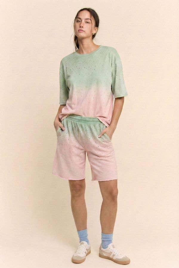 Grey RHINESTONE OMBRE SWEATSHIRT AND SHORTS SET