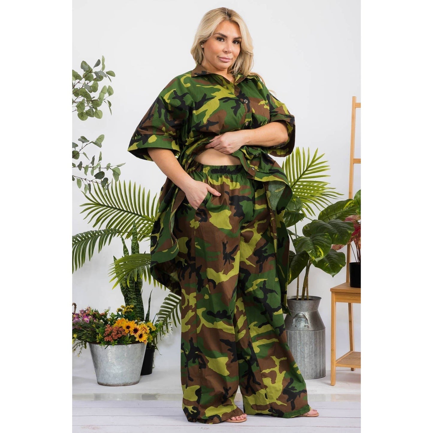 CAMO PRINT HI LO HEM SHIRT AND PANT SET